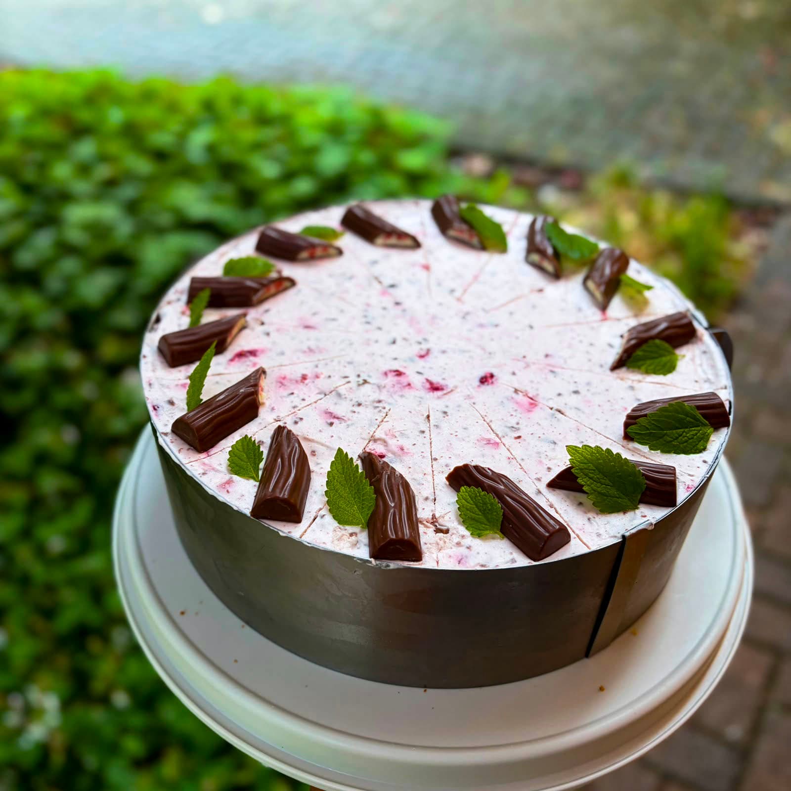 Torte mit Schokoladenriegeln und Zitronenmelisse